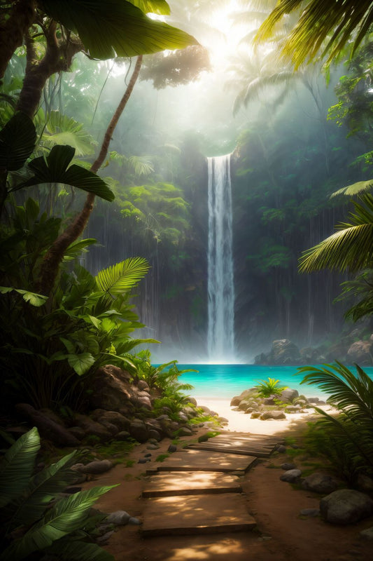 In this breathtaking wall art, we are transported to a hidden oasis of natural beauty, a paradise nestled amidst the embrace of a lush jungle laguna.