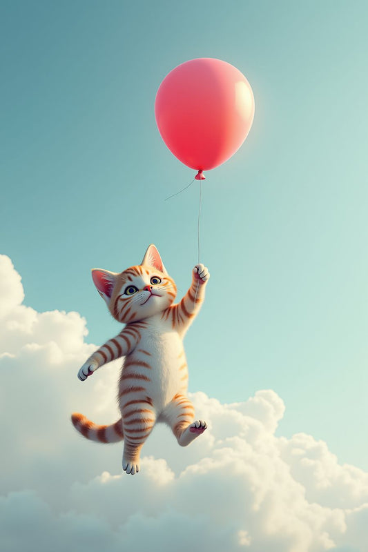 Adorable kitten floating with a red balloon in a serene sky, perfect for premium wall art and home decor.