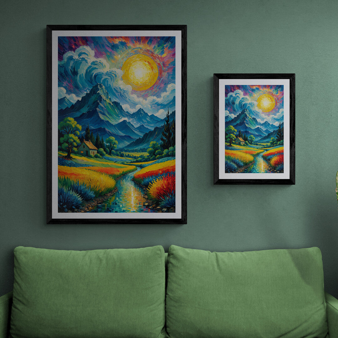 In a vivid and swirling composition, the picture features a landscape inspired by the distinctive style of Vincent van Gogh. The scene captures the dynamic brushstrokes, bold colors, and emotional intensity characteristic of Van Gogh’s artwork.