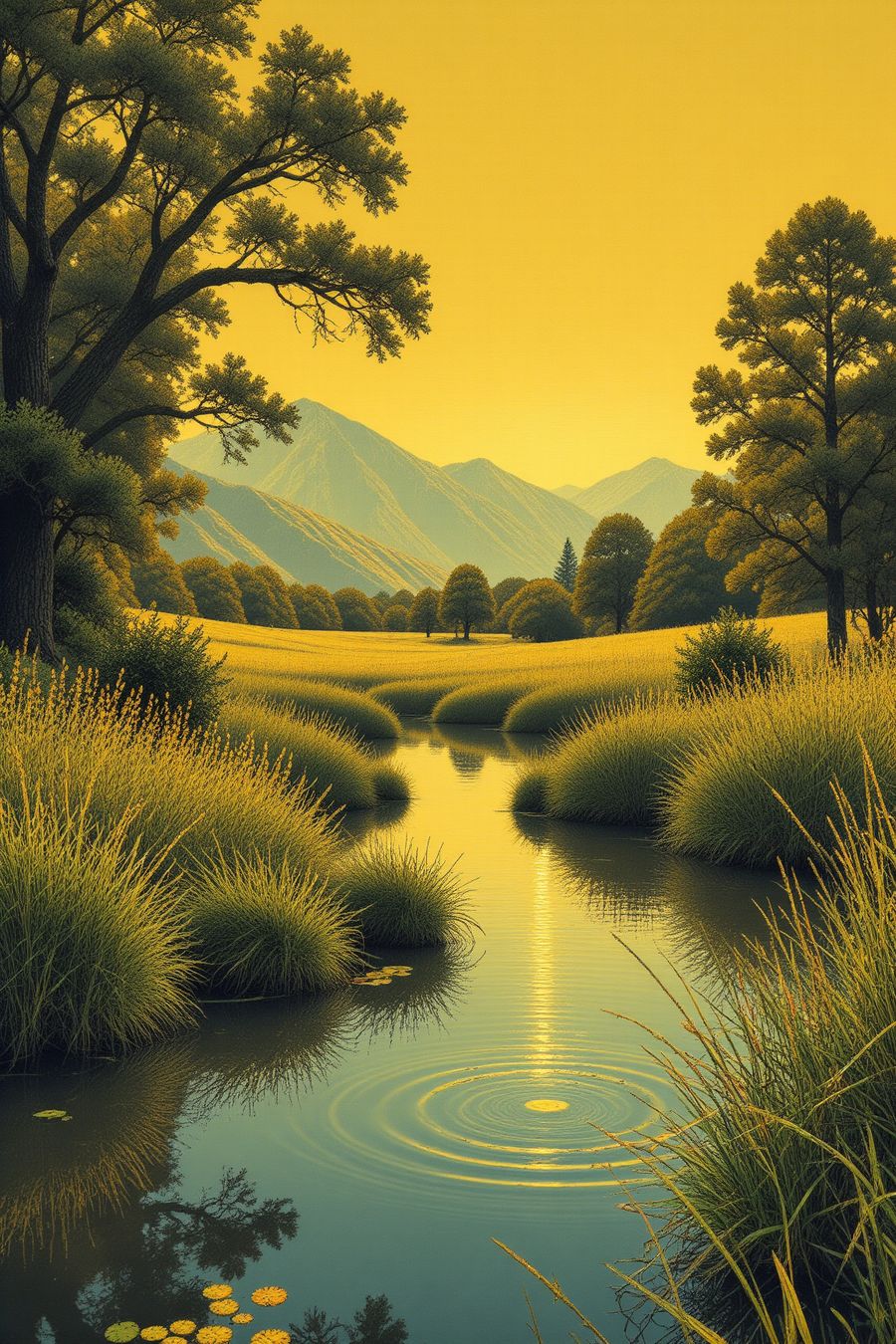 Mystic Morning Poster with golden sunrise over river and meadow for home decor