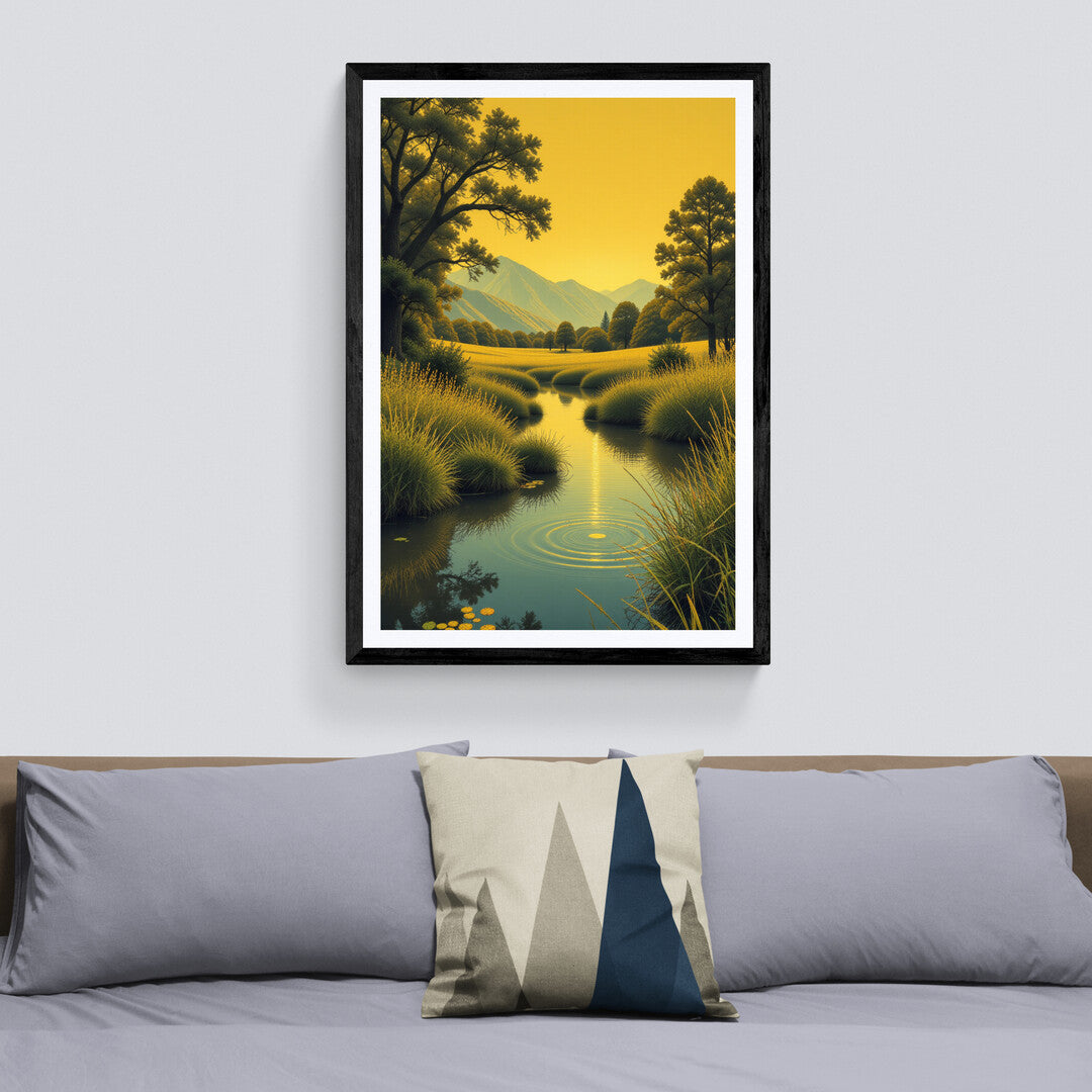 Nature-inspired art print featuring tranquil river scene under golden sky