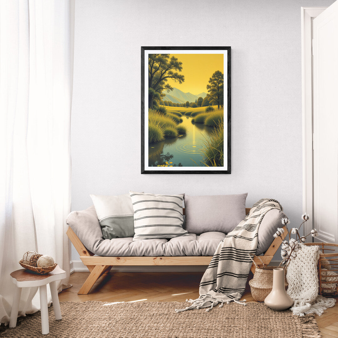 Golden hour landscape poster with peaceful river and grassy meadows for calming decor