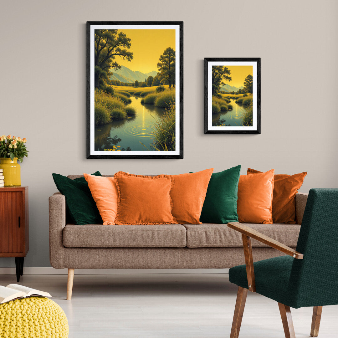 Premium wall art of serene landscape with lush fields and mountains at sunrise