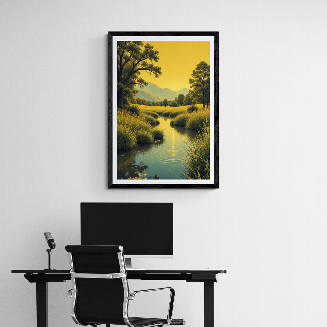 Mystic morning scene art print for elegant home decor with sunrise reflections on water