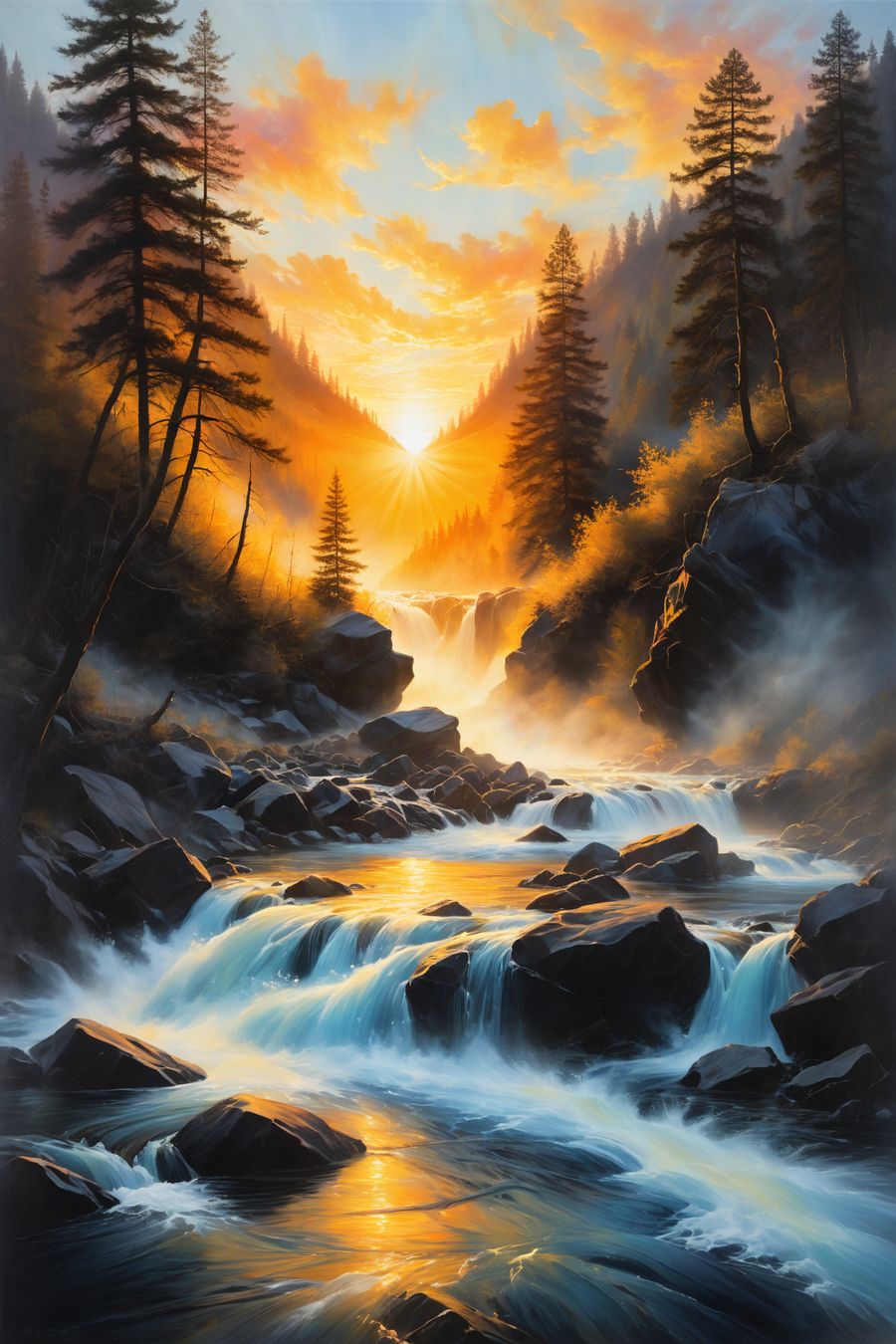 In a serene and picturesque composition, the picture captures the last drop of sunset reflecting on a narrow river. The scene exudes a sense of tranquility and beauty, highlighting the delicate interplay of light and nature.