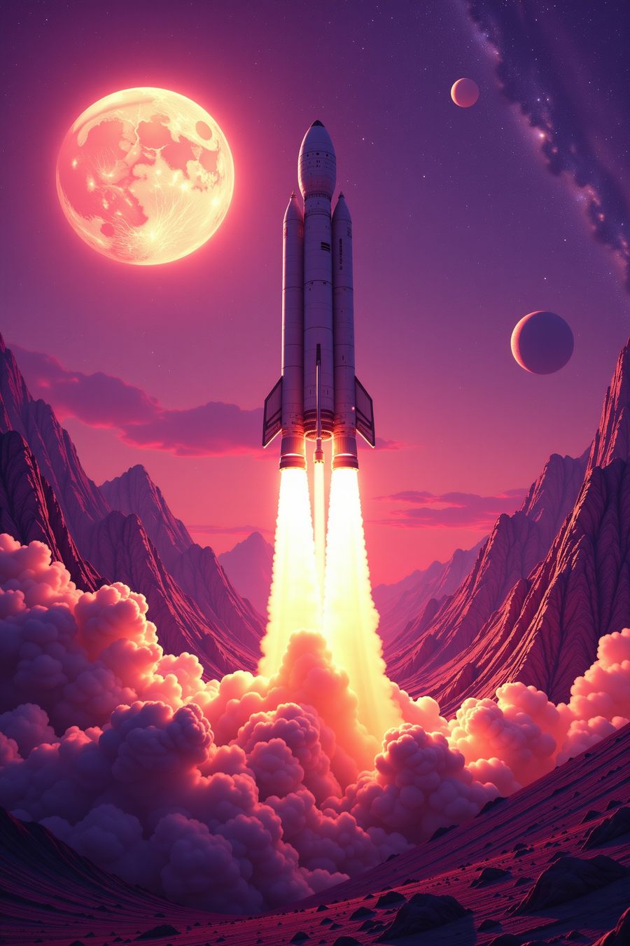 The image depicts a rocket launching from the surface of an alien planet. The scene is bathed in vivid shades of pink and purple, creating a surreal and otherworldly atmosphere. The rocket is ascending into the sky with bright flames and thick clouds of smoke billowing from its engines, indicating a powerful liftoff.