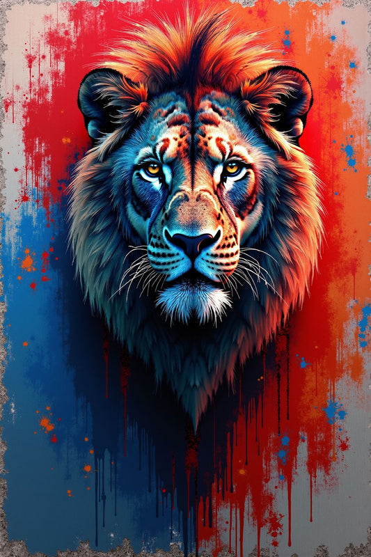 The image is a vibrant and artistic depiction of a lion’s head. The lion’s face is centered and occupies most of the frame, with its mane extending to the edges of the image. The artwork uses a striking color palette, combining shades of blue, orange, red, and white against a deep red background that fades into dark blue at the top. The style appears to be digital art with elements that resemble paint splatters and drips, adding an abstract quality to the piece. This image is interesting due to its dynamic 