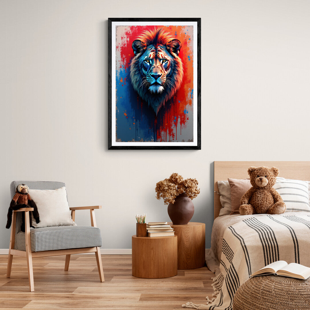 The image is a vibrant and artistic depiction of a lion’s head. The lion’s face is centered and occupies most of the frame, with its mane extending to the edges of the image. The artwork uses a striking color palette, combining shades of blue, orange, red, and white against a deep red background that fades into dark blue at the top. The style appears to be digital art with elements that resemble paint splatters and drips, adding an abstract quality to the piece. This image is interesting due to its dynamic 