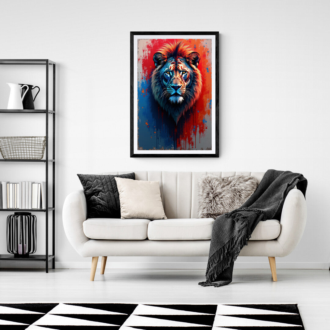 The image is a vibrant and artistic depiction of a lion’s head. The lion’s face is centered and occupies most of the frame, with its mane extending to the edges of the image. The artwork uses a striking color palette, combining shades of blue, orange, red, and white against a deep red background that fades into dark blue at the top. The style appears to be digital art with elements that resemble paint splatters and drips, adding an abstract quality to the piece. This image is interesting due to its dynamic 