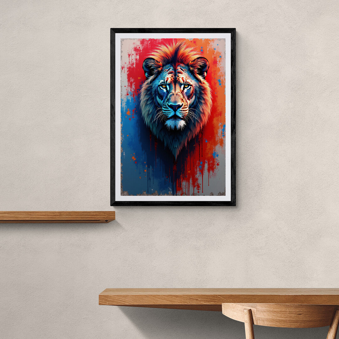 The image is a vibrant and artistic depiction of a lion’s head. The lion’s face is centered and occupies most of the frame, with its mane extending to the edges of the image. The artwork uses a striking color palette, combining shades of blue, orange, red, and white against a deep red background that fades into dark blue at the top. The style appears to be digital art with elements that resemble paint splatters and drips, adding an abstract quality to the piece. This image is interesting due to its dynamic 