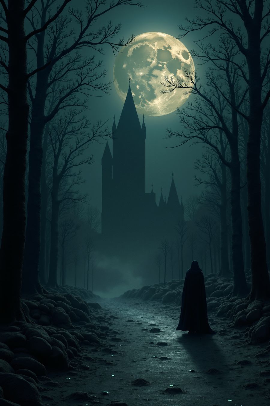 In this hauntingly beautiful scene, the moon looms impossibly large in the night sky, casting an eerie glow over a gothic landscape. Its pale light bathes the towering silhouette of a dark castle, its spires reaching upwards, jagged and foreboding, cutting through the mist that swirls gently at its base. The full moon, so close and radiant, dominates the sky, illuminating the night with a ghostly, silvery sheen.