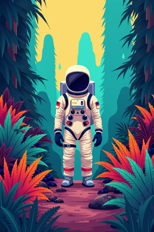 Astronaut exploring a vibrant alien jungle, perfect for premium art prints and wall art decor.