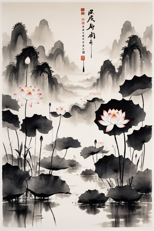 In the elegant and timeless style of Chinese ink painting, the picture features a lotus flower delicately rendered on rice paper. The artwork captures the essence of traditional Chinese aesthetics, emphasizing simplicity, balance, and the beauty of natural forms.