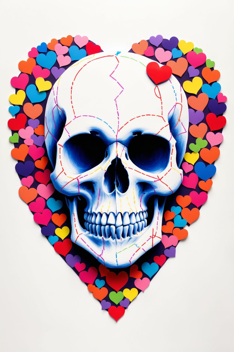 Vibrant skull artwork surrounded by colorful hearts, perfect for wall art and home decor, available as premium art prints and posters