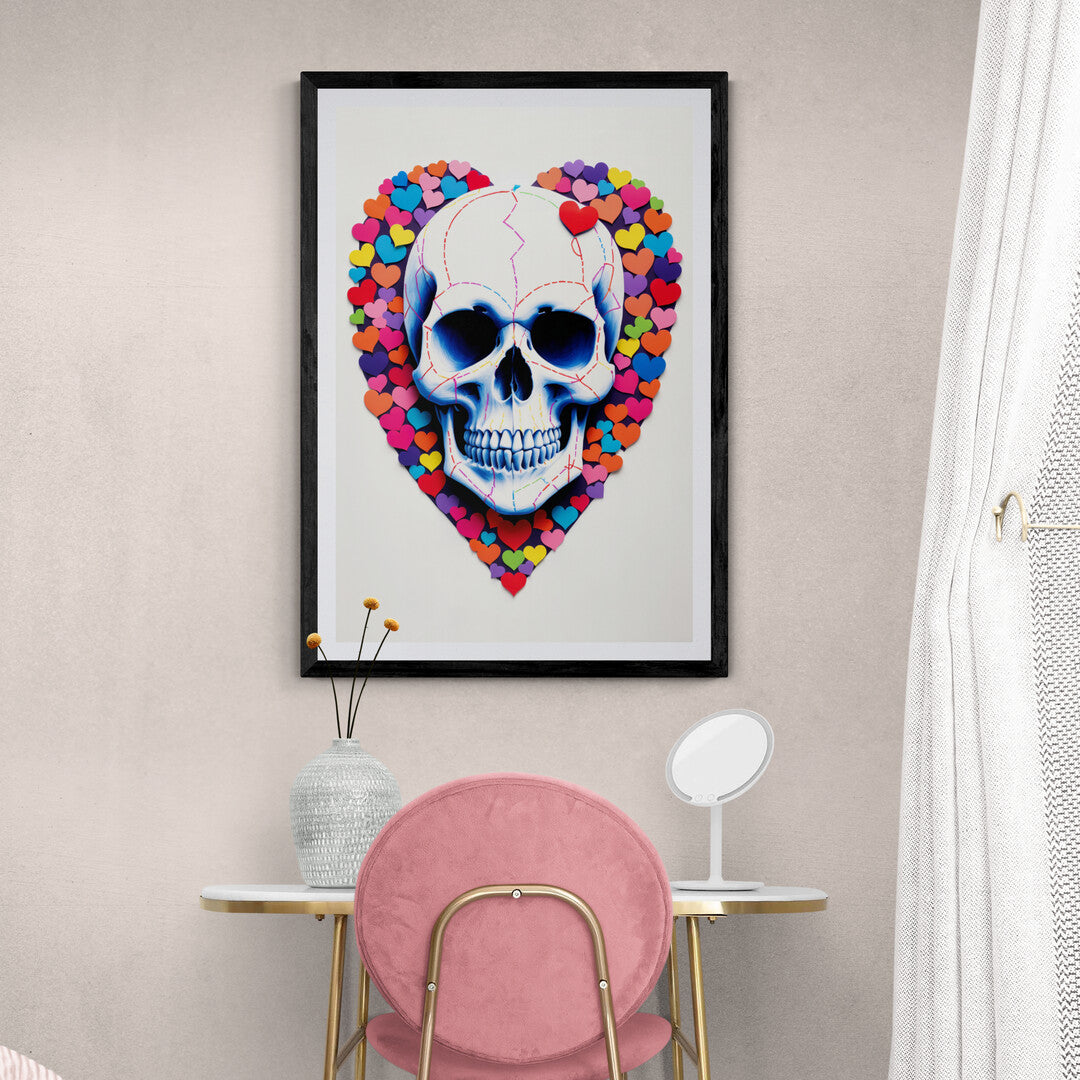 Love and Mortality" design featuring a detailed skull with stitched patterns and vibrant hearts for modern home decor