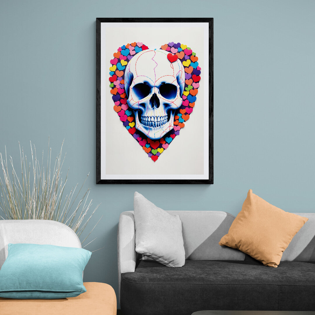 Colorful skull artwork with a heart motif, perfect for shop online collections of home decor and wall art