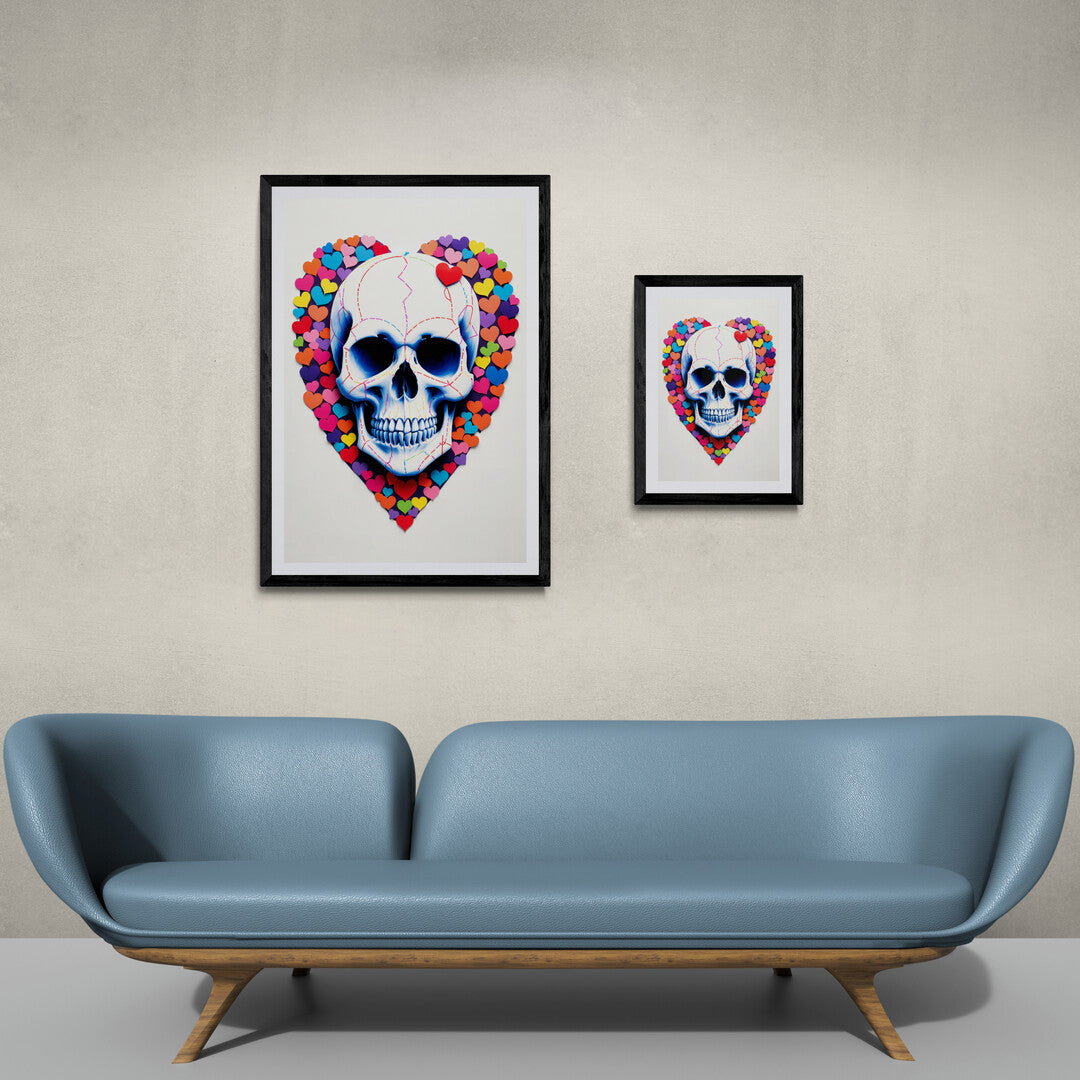 Stunning art print of a skull and hearts, ideal for bold wall art or premium posters to enhance any living space