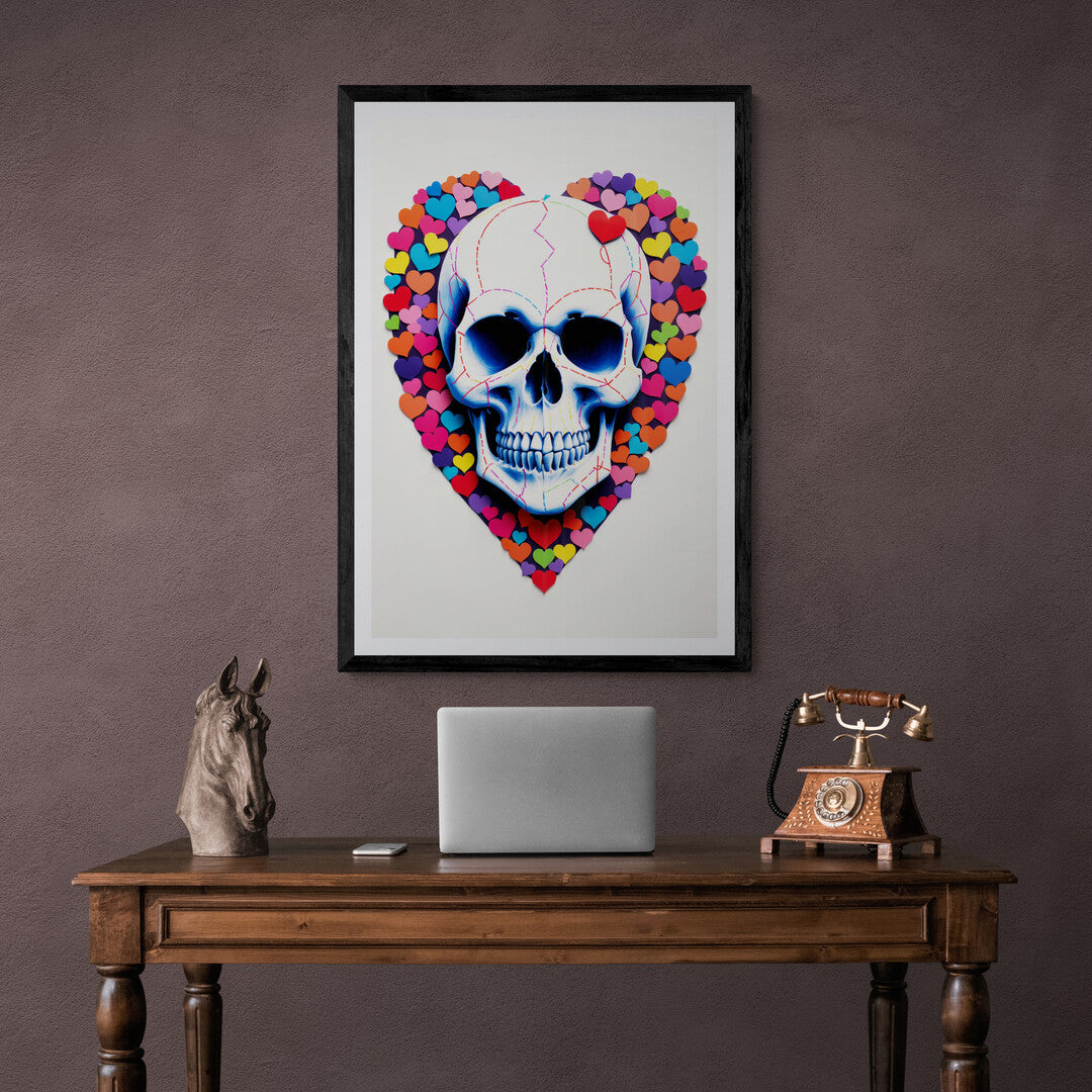 Love and Mortality" skull and hearts artwork, a striking choice for premium posters and stylish home decor accents