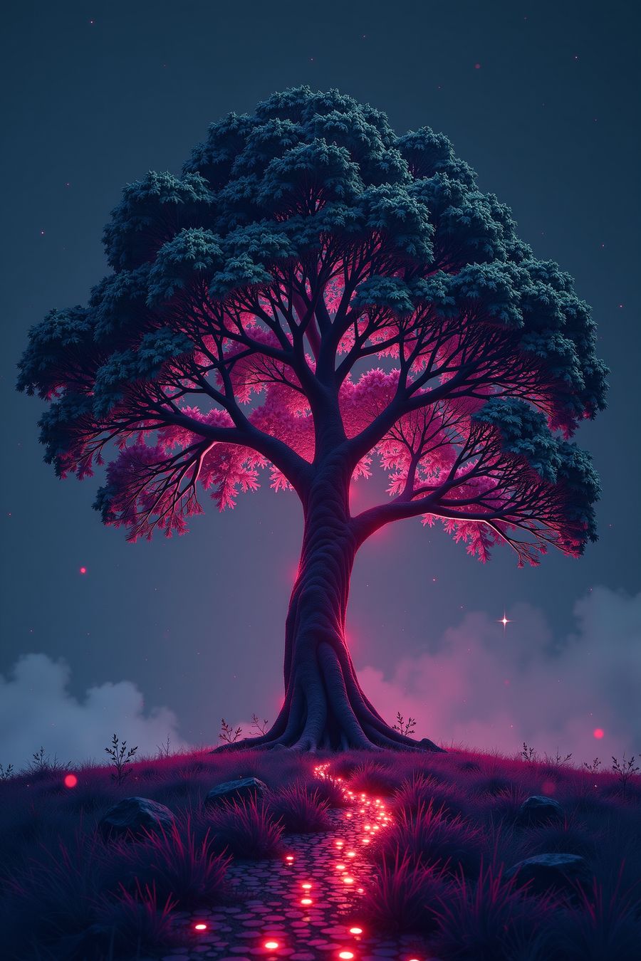 The image depicts a solitary tree in a nighttime setting, illuminated by an ethereal glow. The tree is large with a thick trunk and sprawling branches that support a lush canopy of leaves. The leaves and the areas around the tree are bathed in a vibrant pink and blue light, giving the scene an otherworldly appearance. Below the tree, the ground seems to be glowing with red lights that resemble small flowers or embers, which create a path leading up to and along the base of the tree. This path of light gives