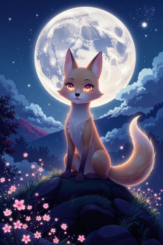 The image features a beautifully stylized, animated fox sitting on a rock in a serene, nighttime landscape. The fox has a soft, golden-orange fur coat with a white chest and muzzle, giving it a calm and elegant appearance. Its large, expressive amber eyes seem to glow, adding a magical touch to its overall look. The fox’s fluffy tail curls gracefully around its body, adding to the sense of tranquility and poise in the scene.