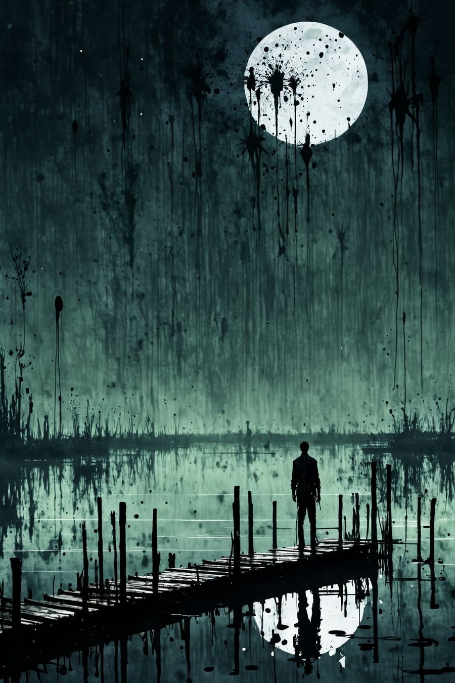 In a moody and atmospheric scene, the picture features a man standing at night on a dock in swampy wetlands. The artwork evokes a sense of solitude and mystery, capturing the quiet beauty of the natural setting under the cover of darkness.