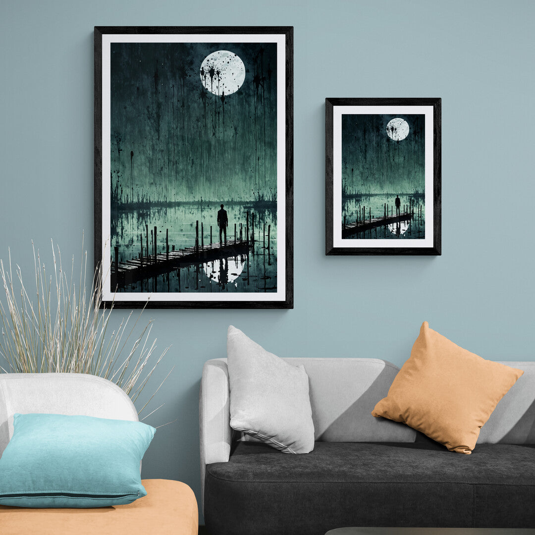 In a moody and atmospheric scene, the picture features a man standing at night on a dock in swampy wetlands. The artwork evokes a sense of solitude and mystery, capturing the quiet beauty of the natural setting under the cover of darkness.