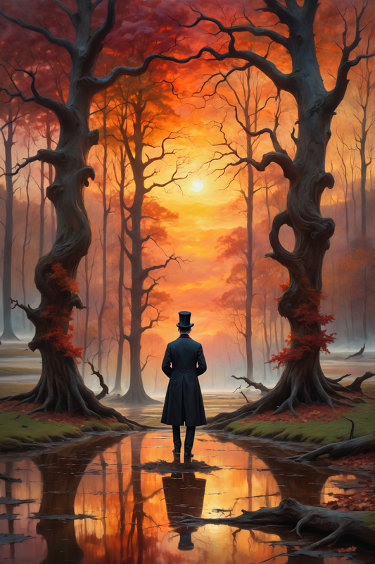 In a surreal and enchanting scene, the picture features a man with a top hat standing in a dreamlike landscape. The artwork blends elements of fantasy and reality, creating an ethereal and whimsical atmosphere.