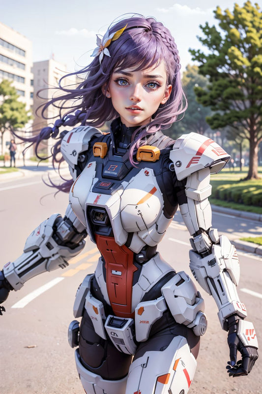In this intriguing wall art, we find ourselves in a serene park setting, where the boundaries of nature and technology intertwine. A young girl stands at the heart of the scene, surrounded by the tranquility of the outdoors, yet adorned in the striking attire of advanced mecha armor.