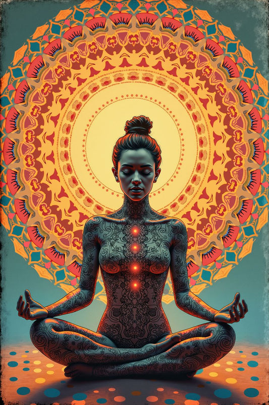 The image shows a serene and visually striking depiction of a meditating woman seated in the lotus position. Her body is adorned with intricate, dark tattoos that follow detailed and symmetrical patterns, covering her from head to toe. Her eyes are closed, reflecting a deep state of inner calm and concentration.