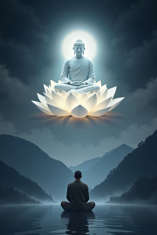 Meditation scene featuring a serene figure seated on water beneath a glowing Buddha on a lotus, perfect for premium art prints and home decor