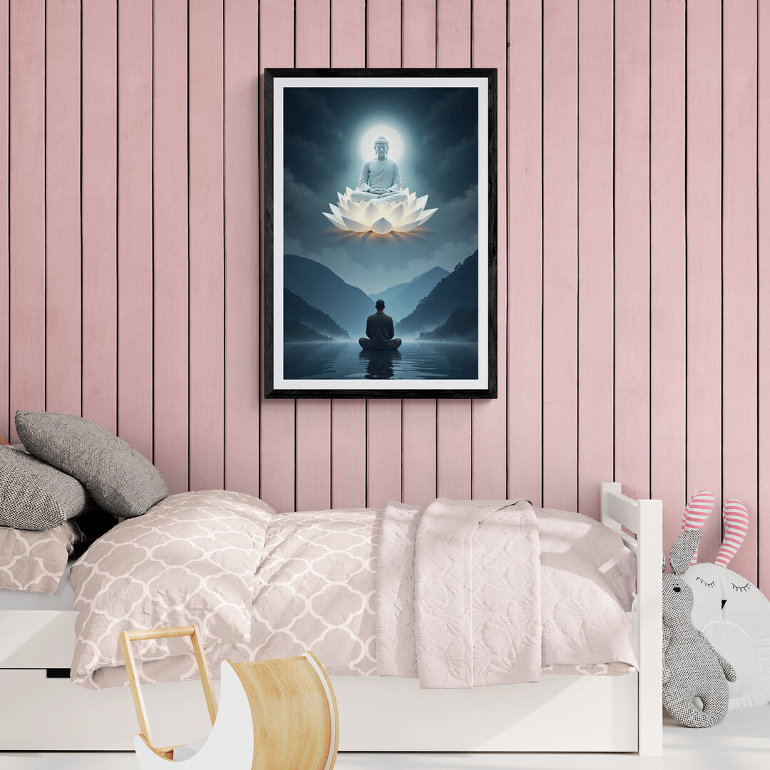 Tranquil Wall Art of a meditator with a luminous Buddha, ideal for mindfulness-themed home decor and premium posters