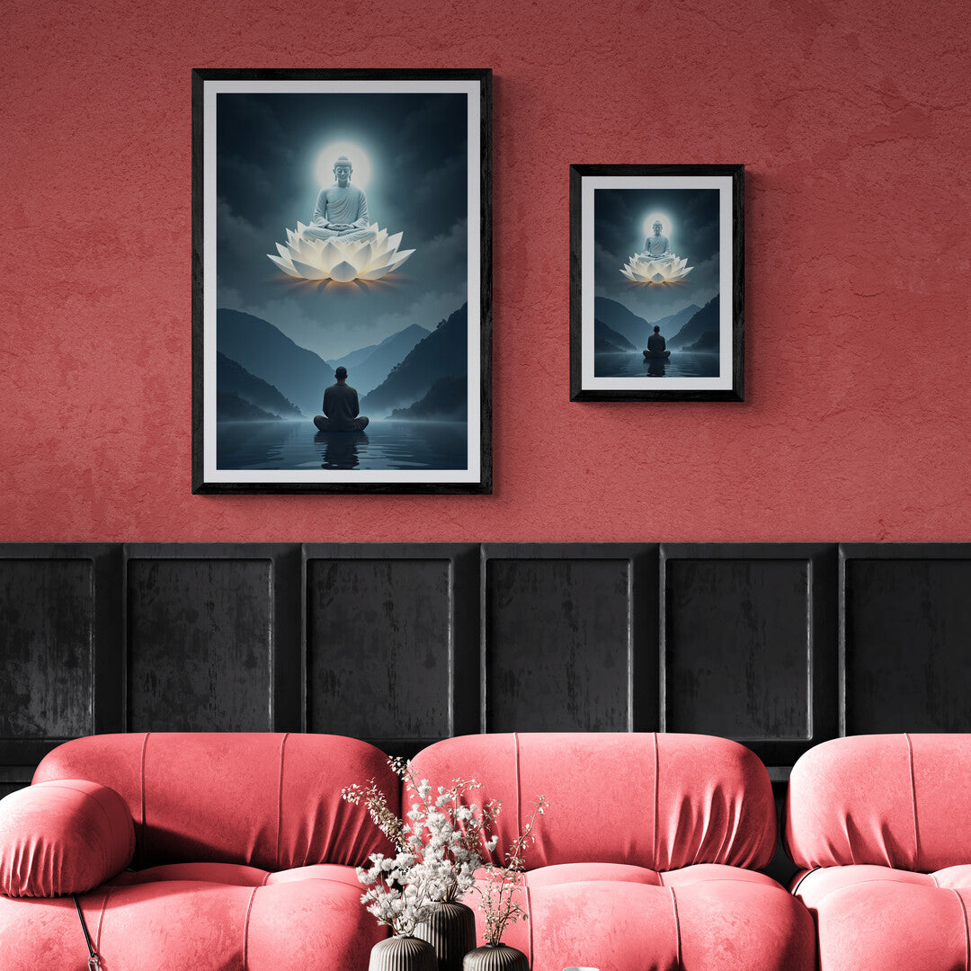 Peaceful mountain landscape with a glowing Buddha on a lotus, designed for art prints and serene home decor inspiration