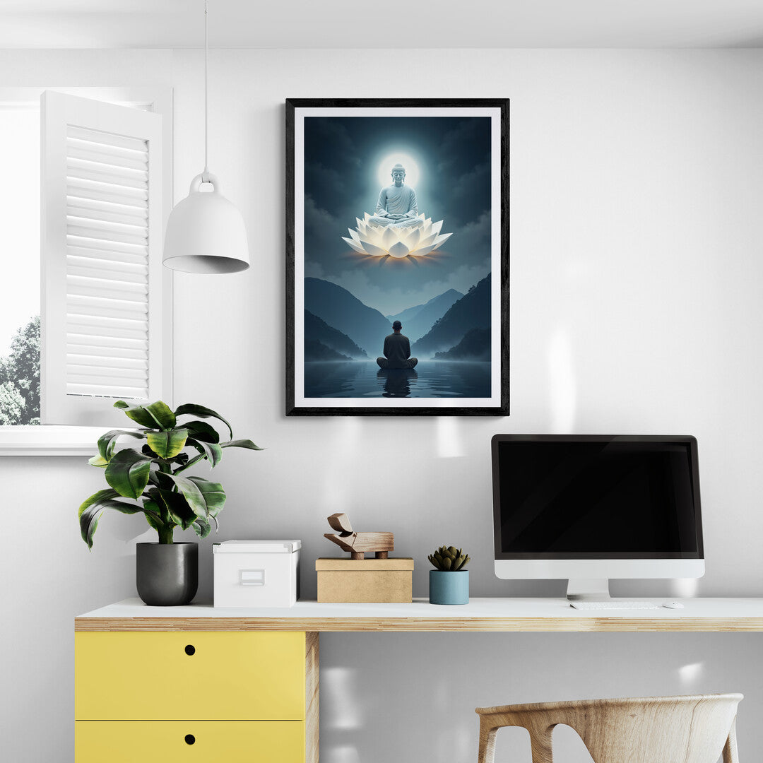 Serene meditator beneath a radiant Buddha, ideal for transforming walls into tranquil spaces with premium art prints and posters