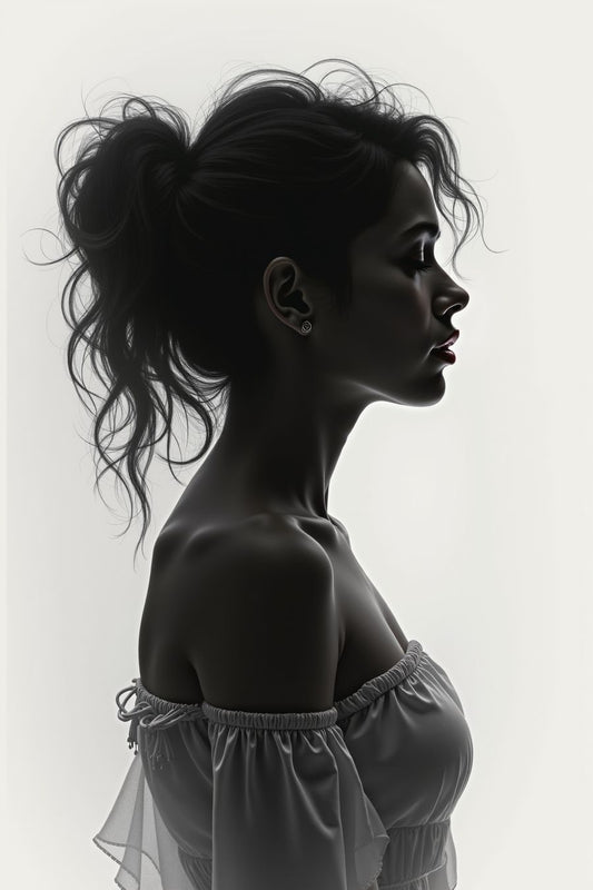 The image shows a side profile of a person with their head turned away from the camera, featuring a prominent ponytail hairstyle and what appears to be a ruffled garment on the shoulder.&nbsp; The use of monochromatic tones highlights the silhouette and textures, making it visually striking. The background is plain, which helps to focus attention on the subject’s profile and the details of their attire.