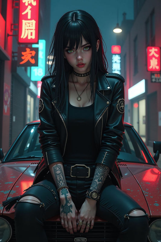 The image depicts a young woman with a striking appearance, sitting on the hood of a red car in an urban alleyway illuminated by neon lights. The woman has a punk or goth aesthetic, with long, straight black hair and sharp bangs framing her face. Her piercing green eyes stand out against her pale complexion. She wears a black leather jacket with metallic details and a patch on the arm, black pants, and several accessories, including a choker, rings, and a watch. Her arms are covered in intricate tattoos, ad