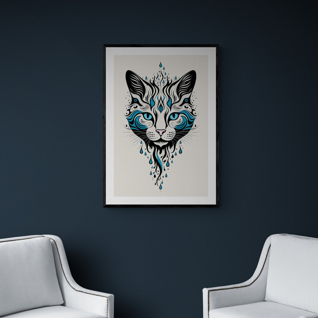 In a minimalist and understated style, the picture presents a drawing of a cat's head, capturing the essence of feline grace and simplicity. The artwork focuses on essential features, distilled into clean lines and subtle details.