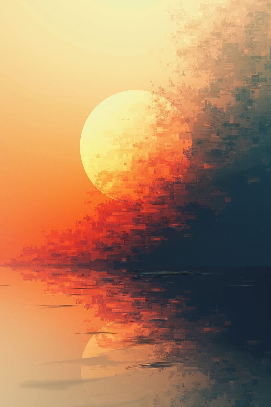 The image features a stunning abstract sunset scene with a blend of natural and digital elements. At the center, a large, glowing sun is partially obscured by a distortion effect that looks like digital pixelation. The sun's warm yellow and orange hues dominate the left side of the image, while the right side transitions into darker, cooler shades, almost like the scene is disintegrating into digital fragments.