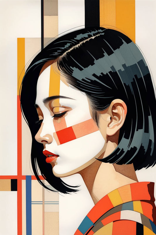 Modern abstract portrait featuring geometric patterns and vibrant colors, perfect for premium art prints and home decor wall art