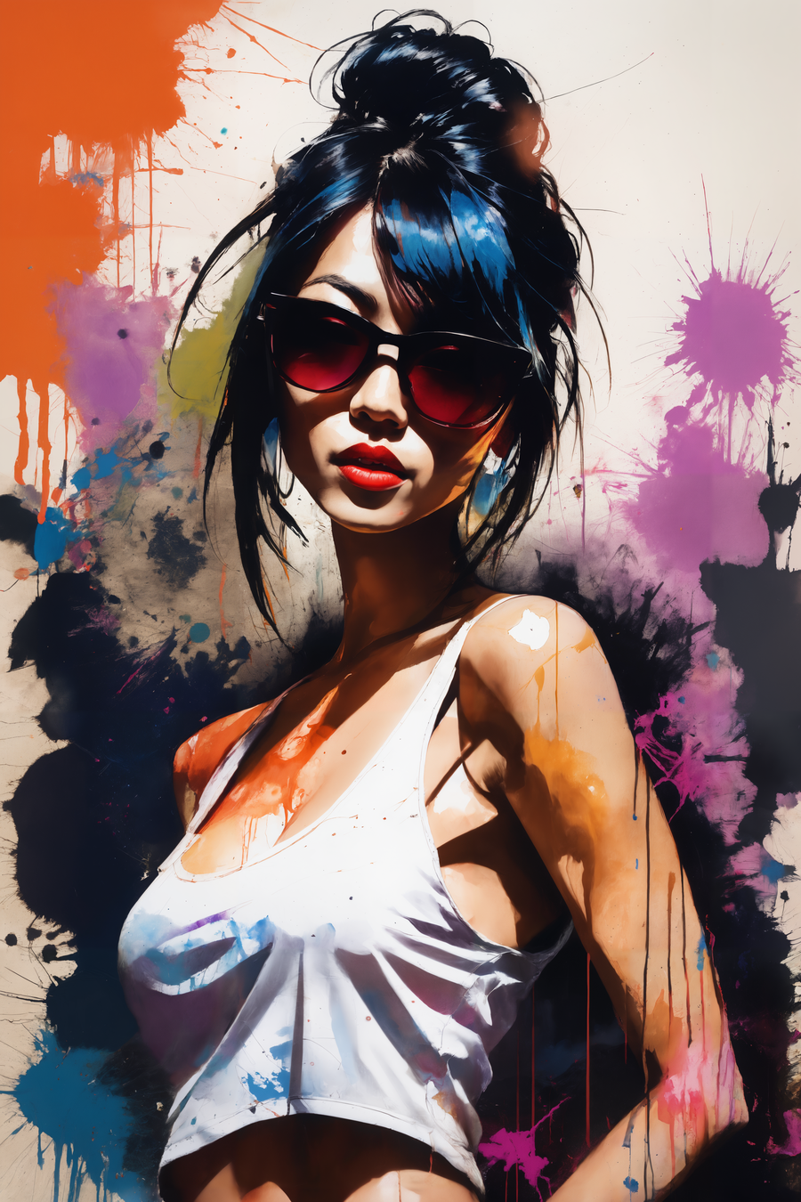 In a contemporary ink painting style, the picture portrays an Asian girl in a modern pose, blending traditional techniques with a contemporary aesthetic. The artwork captures the essence of elegance and grace, typical of Asian ink painting, while interpreting it through a modern lens.