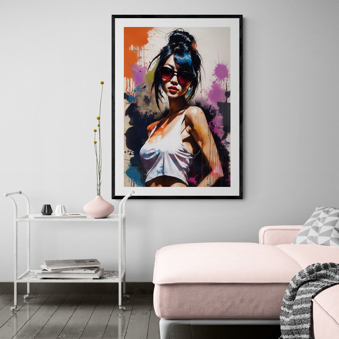 In a contemporary ink painting style, the picture portrays an Asian girl in a modern pose, blending traditional techniques with a contemporary aesthetic. The artwork captures the essence of elegance and grace, typical of Asian ink painting, while interpreting it through a modern lens.