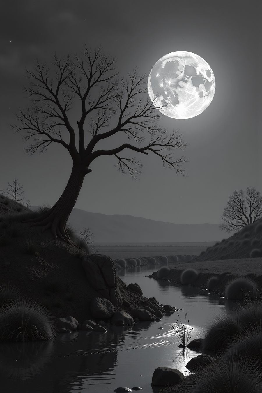 In this serene, monochromatic scene, the night is bathed in the cool, silvery light of a full moon hanging luminously in the sky. The moon, bright and full, dominates the heavens, casting an otherworldly glow over the landscape below. Its light reflects on the surface of a calm river, creating soft ripples that shimmer like liquid silver, highlighting the stillness of the moment.