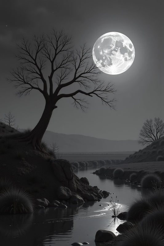 In this serene, monochromatic scene, the night is bathed in the cool, silvery light of a full moon hanging luminously in the sky. The moon, bright and full, dominates the heavens, casting an otherworldly glow over the landscape below. Its light reflects on the surface of a calm river, creating soft ripples that shimmer like liquid silver, highlighting the stillness of the moment.