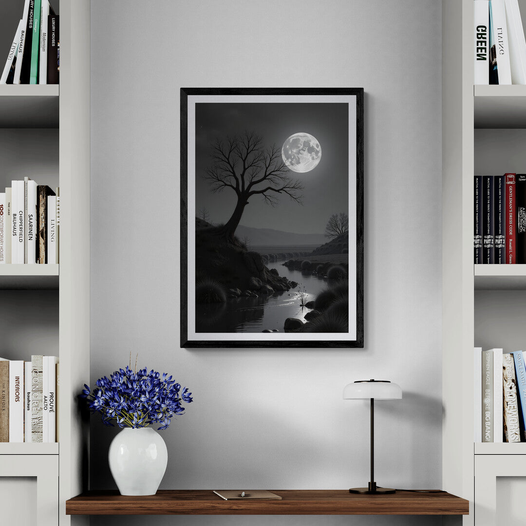 In this serene, monochromatic scene, the night is bathed in the cool, silvery light of a full moon hanging luminously in the sky. The moon, bright and full, dominates the heavens, casting an otherworldly glow over the landscape below. Its light reflects on the surface of a calm river, creating soft ripples that shimmer like liquid silver, highlighting the stillness of the moment.