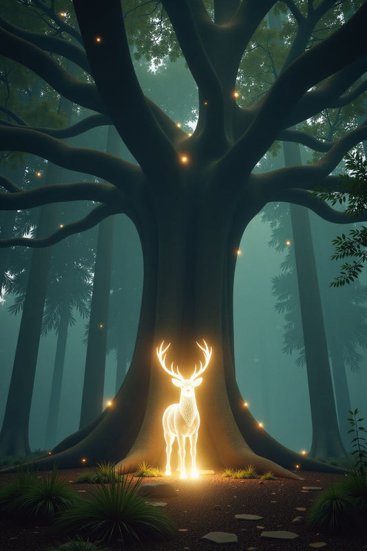 The image depicts a serene, mystical forest scene with an enormous, ancient tree standing in the center. The forest is bathed in soft, misty light, giving the scene an ethereal atmosphere. The tree’s thick, sprawling roots and massive branches dominate the scene, suggesting the tree is incredibly old and powerful, almost like a guardian of the forest.