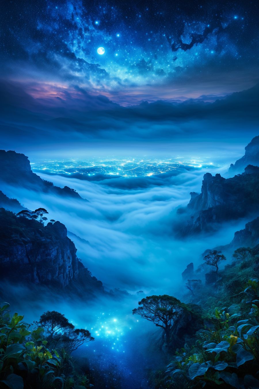 The picture portrays a mystical landscape enveloped in a thick, ethereal fog under the cover of night. The scene is bathed in soft, silvery moonlight that filters through the fog, casting an otherworldly glow over the entire landscape.