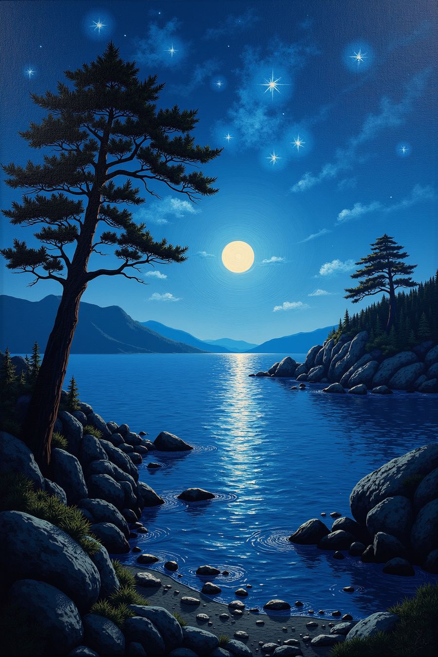 The picture is an illustration of a serene night at the lake. The scene is bathed in soft, cool tones of blue and deep purples, reflecting the calm and peaceful atmosphere of the night. The lake's surface is smooth and mirror-like, capturing the reflections of the surrounding landscape and the night sky.