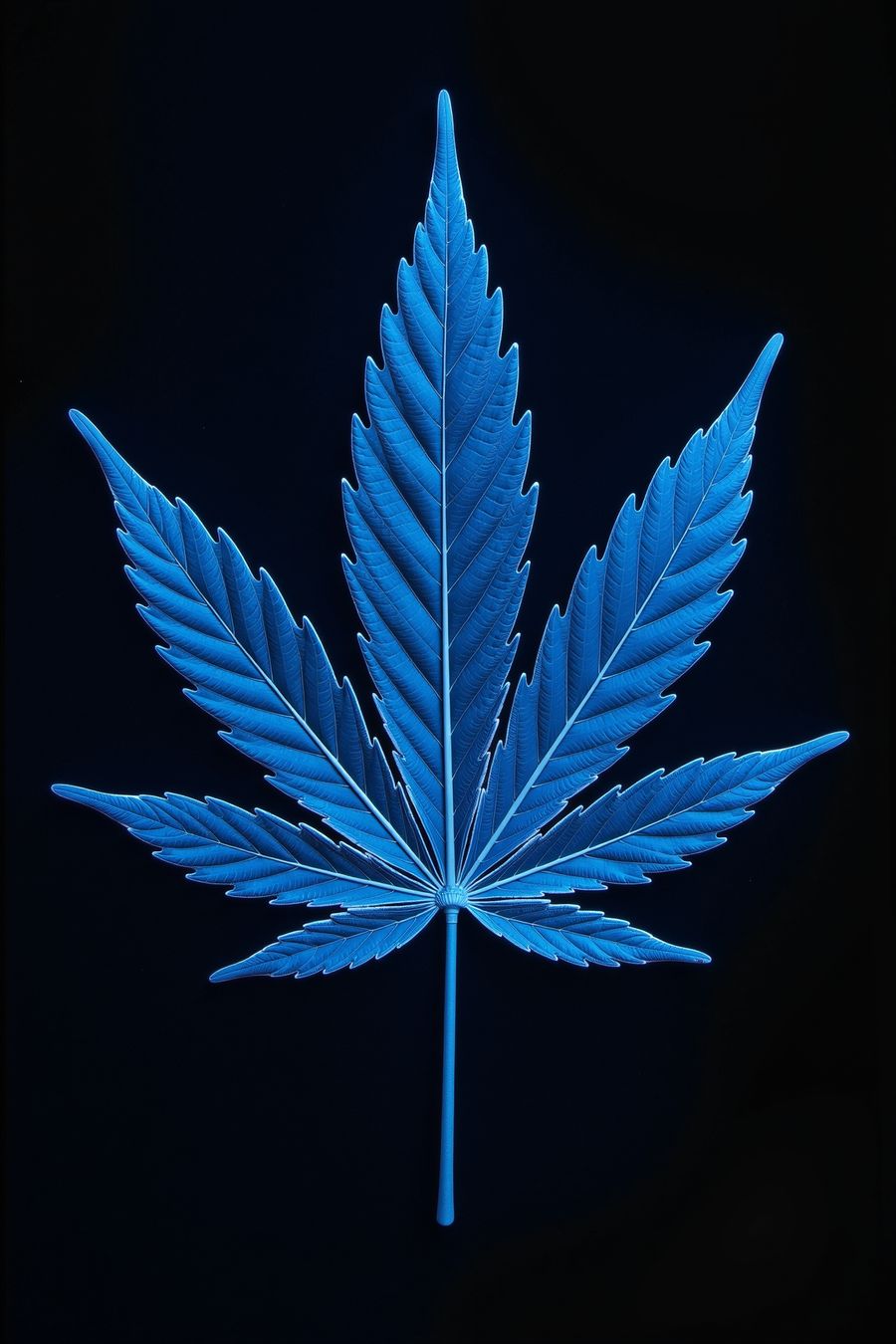 The image shows a highly stylized and detailed representation of a leaf, resembling a cannabis or hemp leaf, but rendered in an electric blue color. The leaf is presented against a dark, nearly black background, which makes the vibrant blue hue stand out dramatically.