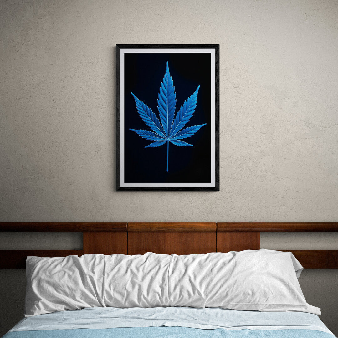 The image shows a highly stylized and detailed representation of a leaf, resembling a cannabis or hemp leaf, but rendered in an electric blue color. The leaf is presented against a dark, nearly black background, which makes the vibrant blue hue stand out dramatically.