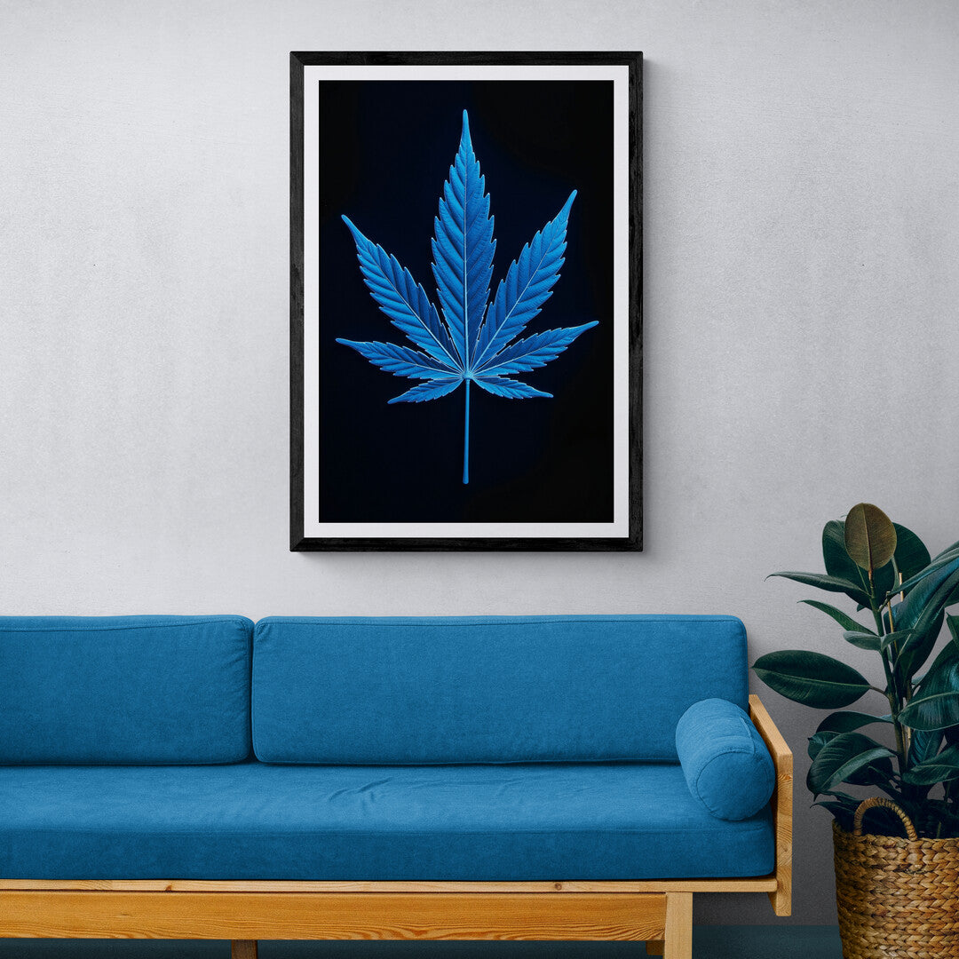 The image shows a highly stylized and detailed representation of a leaf, resembling a cannabis or hemp leaf, but rendered in an electric blue color. The leaf is presented against a dark, nearly black background, which makes the vibrant blue hue stand out dramatically.