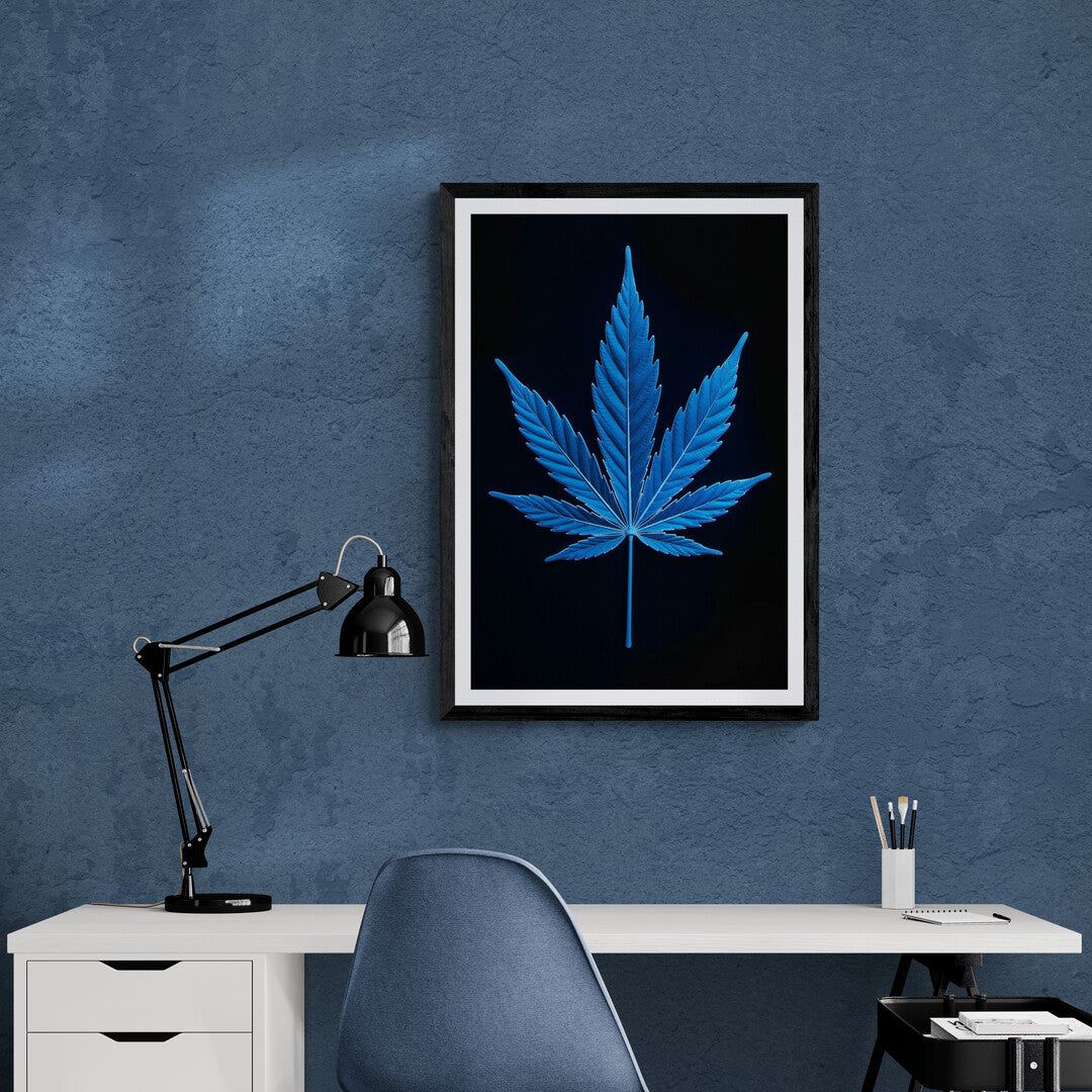 The image shows a highly stylized and detailed representation of a leaf, resembling a cannabis or hemp leaf, but rendered in an electric blue color. The leaf is presented against a dark, nearly black background, which makes the vibrant blue hue stand out dramatically.